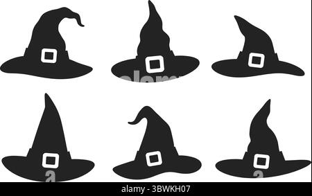 Six black witch hats with white buckles vector, Silhouettes of seven different whimsical brooms, Stock Vector