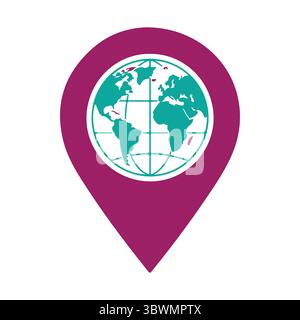Global location marker with vibrant teal continents and striking magenta border Stock Vector