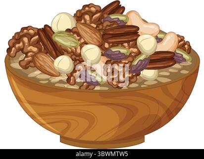 Vector illustration of a wooden bowl containing assorted nuts and seeds in a flat, detailed style with natural earthy colors and clean outlines Stock Vector