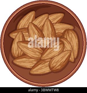 Vector illustration of whole almonds in a round brown ceramic bowl, flat design style with earthy tones and top-down composition Stock Vector