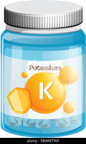 Vector illustration of a transparent plastic bottle containing potassium tablets, labeled with chemical symbol K, in a clean, modern flat design style Stock Vector