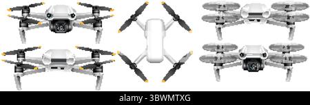 Detailed vector illustration of quadcopters in various angles, showcasing sleek design and advanced technology with a clean, minimalistic style Stock Vector