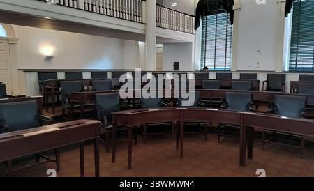 Desks and chairs inside House chamber on the first floor of Congress Hall, Philadelphia, PA, USA Stock Photo