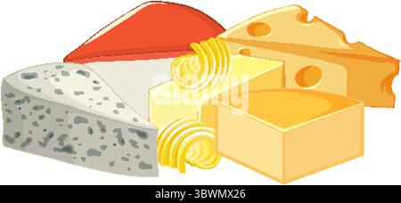 Colorful vector illustration of various cheese types and butter curls arranged together, using flat design style and soft shading for detail Stock Vector
