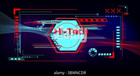 Futuristic cyberpunk frame with glitch effects - neon red and blue digital interface with corrupted data streams, geometric elements. Retro futuristic design for gaming overlays and tech presentation Stock Vector