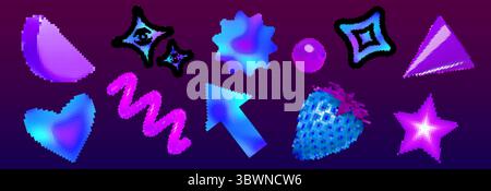 Blue and purple neon pixel graphics with y2k brutalism vibe - gradient shapes, sparkling stars, heart and strawberry, arrow cursor and spherical orb. Retro digital elements for synthwave design. Stock Vector