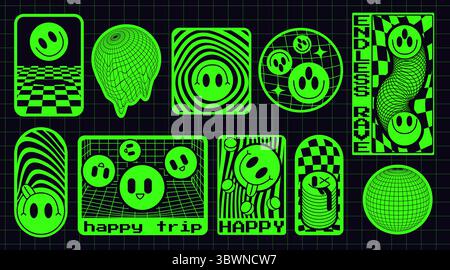 Neon green rave stickers on grid background - trippy smiling faces, melting forms, wireframe spheres and psychedelic patterns. Happy trip acid house graphics with checkerboard designs decorations. Stock Vector