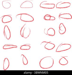 A collection of red hand-drawn circles and ovals, illustrating various shapes and forms for design or highlighting purposes, transparent background Stock Vector