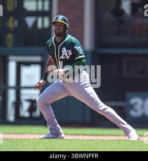 June 27 2021 San Francisco CA, U.S.A. Oakland Athletics shortstop Elvis Andrus (17) looks to seal 2nd base during the MLB game between the Oakland Athletics and the San Francisco Giants, Oakland won 6-2 at Oracle Park San Francisco Calif. Thurman James / CSM(Credit Image: &copy; Thurman James/CSM via ZUMA Wire) Stock Photo