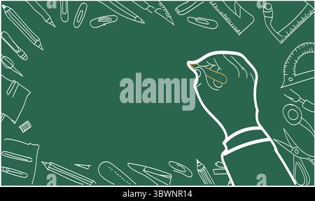 Teacher's hand writing on chalkboard with school supplies border, perfect for education themes Stock Vector