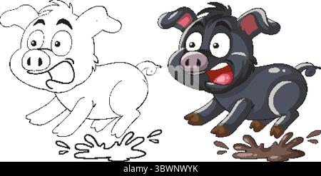 A cartoon piglet joyfully jumps in a mud puddle, showcasing vibrant colors and dynamic movement in a vector style Stock Vector