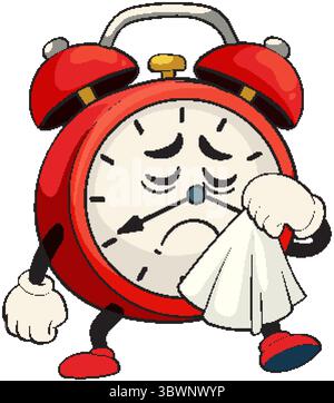 Vector illustration of a sad alarm clock character holding a handkerchief. Bright colors and expressive cartoon style Stock Vector