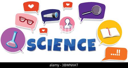 Vibrant vector illustration of science-related icons in speech bubbles. Bold colors and playful design emphasize educational themes Stock Vector