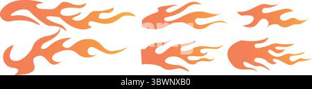 Dynamic set of flame elements in vibrant orange hues showcases stylized fire illustrations for graphic design applications, transparent background Stock Vector