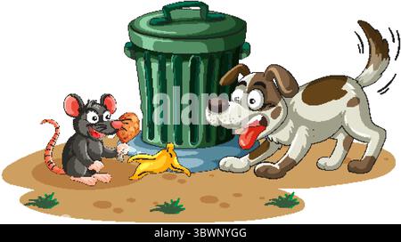 Cartoon-style vector illustration of a dog barking at a rat eating food scraps beside a green trash bin on dirt ground Stock Vector