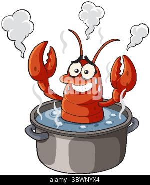 Humorous vector illustration of a cartoon lobster in a boiling pot. Vibrant colors and playful expression enhance the comedic effect Stock Vector