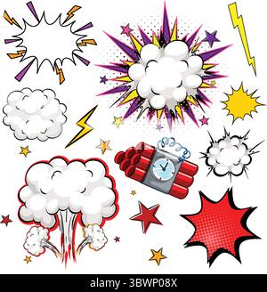 Colorful vector illustration of comic book explosions, lightning bolts, and dynamic clouds in a bold, pop art style with halftone effects Stock Vector