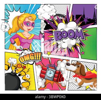 Colorful vector comic illustration with female superhero, caped dog, explosions, and dynamic text in pop art style with halftone effects Stock Vector