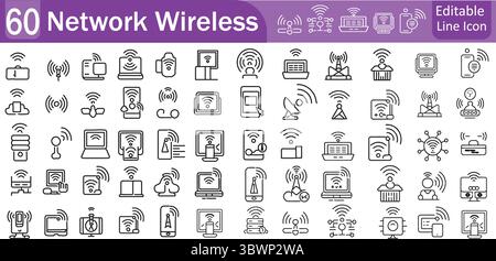 Wireless network technology features a collection of line icons representing various connectivity devices and equipment for communication, transparent Stock Vector