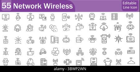 Wireless network technology features a collection of line icons representing various connectivity devices and equipment for communication, transparent Stock Vector
