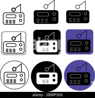 Graphical representation showcases a vintage radio set, with a pendulum feature, rendered in a minimalist icon design in various color schemes Stock Vector