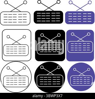 Variety of vintage television icons displays classic design elements in black, white and purple colors, highlighting media communication, transparent Stock Vector