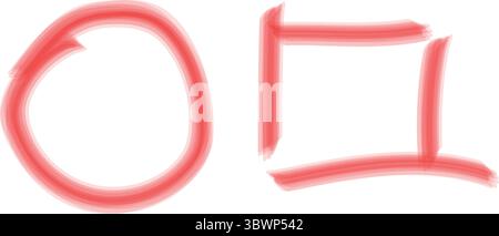 Hand drawn circle and square shapes in red watercolor style, ideal for graphic design accents or artistic backgrounds, transparent background Stock Vector