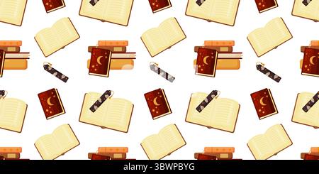 Seamless pattern with open and closed books, bookmarks, stars, and moons. This magical design brings a sense of fantasy and wonder. Ideal for bookish Stock Vector