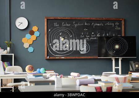 Classroom showing empty desks and chairs with chalkboard displaying solar system diagram and educational notes, digital screen presenting planetary orbits, science learning environment Stock Photo