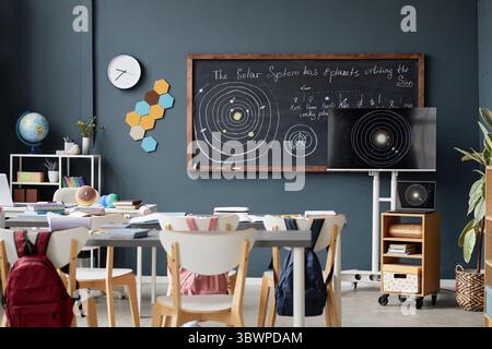 Classroom interior showing empty desks and chairs with backpacks hanging, chalkboard displaying solar system diagram, digital screen presenting planetary orbits, educational setting Stock Photo