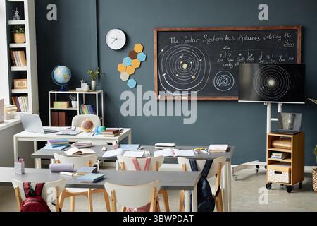 Empty classroom showing desks with school supplies, backpacks on chairs, chalkboard and monitor displaying solar system diagrams, educational science setting prepared for students Stock Photo