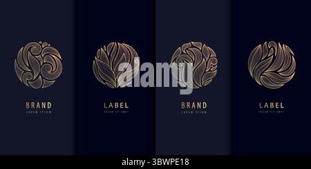 Vector set of line leaves circle logos, floral round luxury design, abstract spa floral emblems. Beauty monogram graphic. Stock Vector