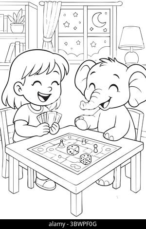 Kids playing board game at night coloring page Stock Vector