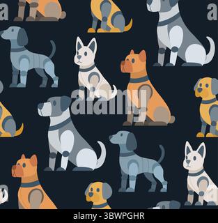 Vector seamless pattern with robot dogs of different breeds on dark background. Texture with technological pets. Background with animals cyborg Stock Vector