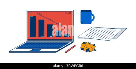 Laptop with declining graph and office supplies 2D doodle objects set Stock Vector