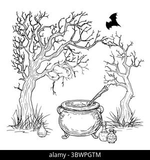 Old gnarled tree in thick grass and witch's cauldron, black and white sketch. Vector illustration. Bottles with potion in forest, isolated on white Stock Vector