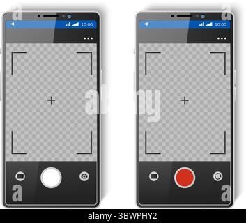 Smartphone screen with photo creation or video shooting. Camera buttons or focus control grid. Transparent background. Realistic phone display. Mobile Stock Vector