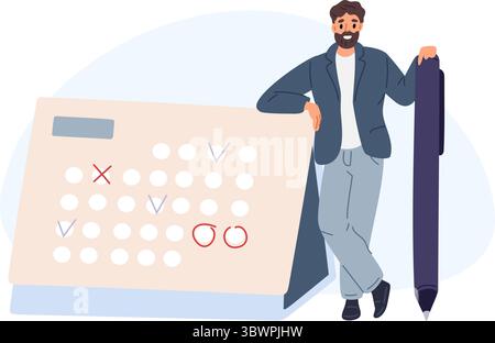 Businessman with pen standing near calendar. Scheduling or time management. Effective tasks planning. Organizer for appointments and goals control. Mo Stock Vector