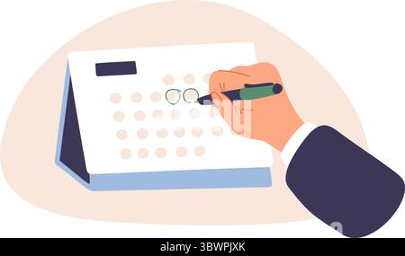 Businessman schedules days on calendar for meetings or events. Hand making marks at organizer. Tasks planning. Scheduling tasks. Goals or deadline rem Stock Vector