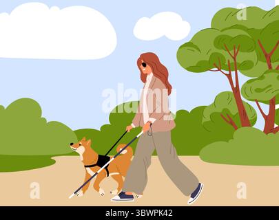 Blind woman walks with her guide dog in city park. Disabled persons outdoor stroll. Pet leading handicapped female. Visual disability. Trained animal Stock Vector