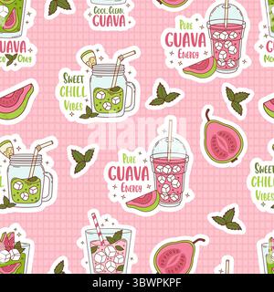 Seamless Pattern. Guava Green and Pink Drink smoothie with ice cubes on checkered Background with tropical Fruit and Mint leaves. Summer Refreshing Co Stock Vector