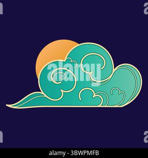 Japanese and Chinese Creative Cloud With Hand Drawn Swirls and Wavy Outlines. Sky with blue clouds and sun. Abstract cloud icon in oriental style.  Stock Vector