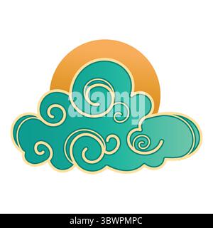 Japanese and Chinese Creative Cloud With Hand Drawn Swirls and Wavy Outlines. Sky with blue clouds and sun. Abstract cloud icon in oriental style.  Stock Vector