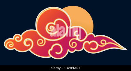 Japanese and Chinese Creative Cloud With Hand Drawn Swirls and Wavy Outlines. Sky with blue clouds and sun. Abstract cloud icon in oriental style.  Stock Vector