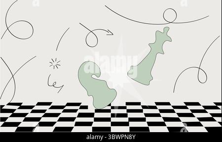 Chess pieces shattered on checkered board, representing strategy, competition, and victory. Stock Vector
