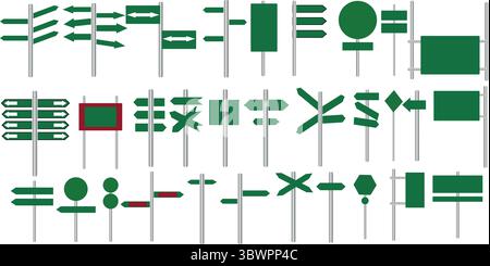 A collection of various green road signs and traffic signals are displayed offering design elements for navigational systems, transparent background Stock Vector