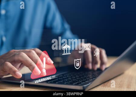 Warning data threat and cybersecurity alert hacking, security breach, and cloud risk, emphasizing Stock Photo