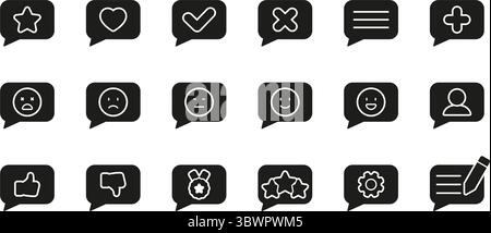 Speech Bubble Icon Set With Emoticons And Symbols. Communication, Feedback, And User Interaction Silhouette Symbol Collection. Includes Emotions Stock Vector