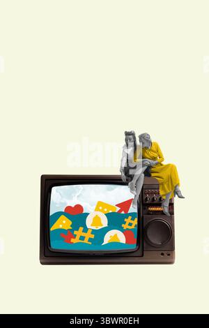 Surreal collage of two women sitting on retro TV showing floating social icons Stock Photo