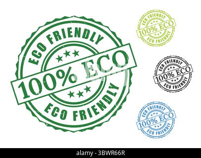 A 100% Eco-Friendly Product Stamp Set, Grunge Style Environmental Label Vectors Stock Vector